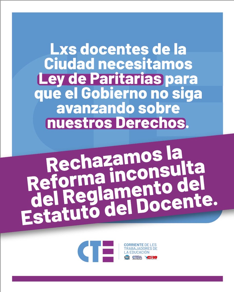 CteEducacion's tweet photo. Necesitamos una Ley de Paritarias para tener voz y voto sobre nuestras condiciones de trabajo, de enseñar y aprender. https://t.co/CnMfuhXOSA
