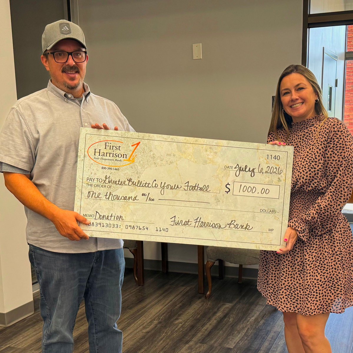 FirstHarrison's tweet photo. At First Harrison Bank, we're committed to supporting the communities we serve, both on and off the field.

We're proud to present a $1,000 donation to Greater Bullitt County Youth Football to help support local young athletes and their upcoming season. https://t.co/64EoabFztd