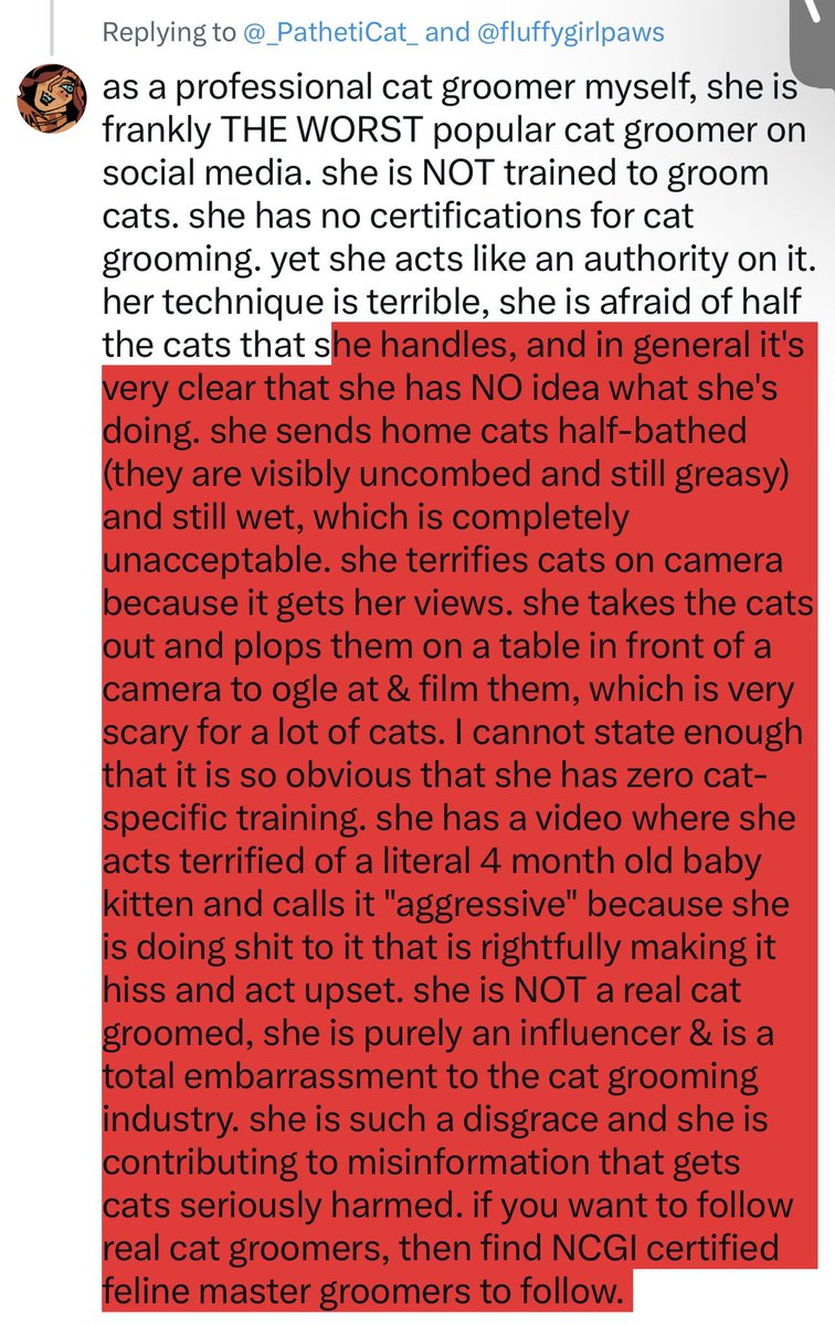 revbenedetto's tweet photo. @_PathetiCat_ @fluffygirlpaws she is a HORRIBLE cat groomer and deserves to be deplatformed. she treats cats so disrespectfully. it is appalling to me as a real cat groomer. https://t.co/QhVE0n4iGZ