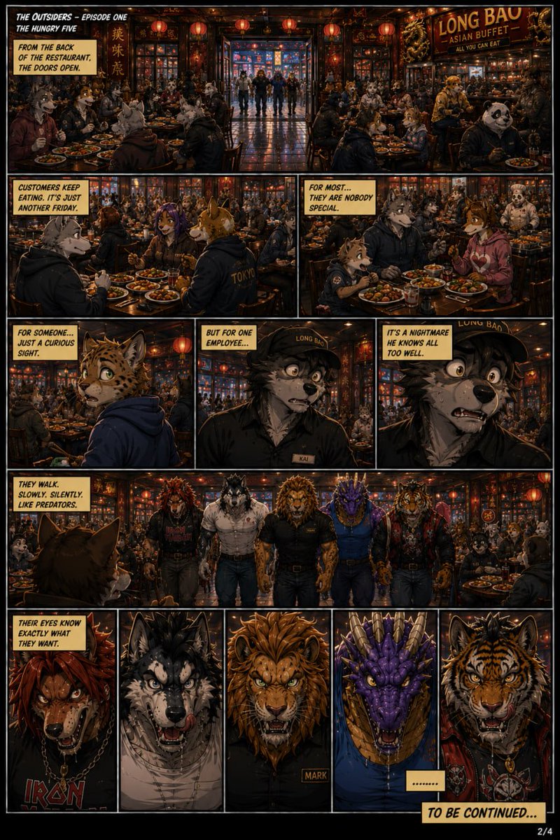 AngusFreyr's tweet photo. Five familiar faces have entered the restaurant...

The staff already knows exactly what comes next.

Tomorrow, the emergency begins.

🍜🐾

#TheOutsiders #TheHungryFive #LongBao #Furry #FurryArt #Comic #ComicSeries #Anthro #Akihabara #Manga #Webcomic #DailyComic #af https://t.co/1rTwb7PsRP