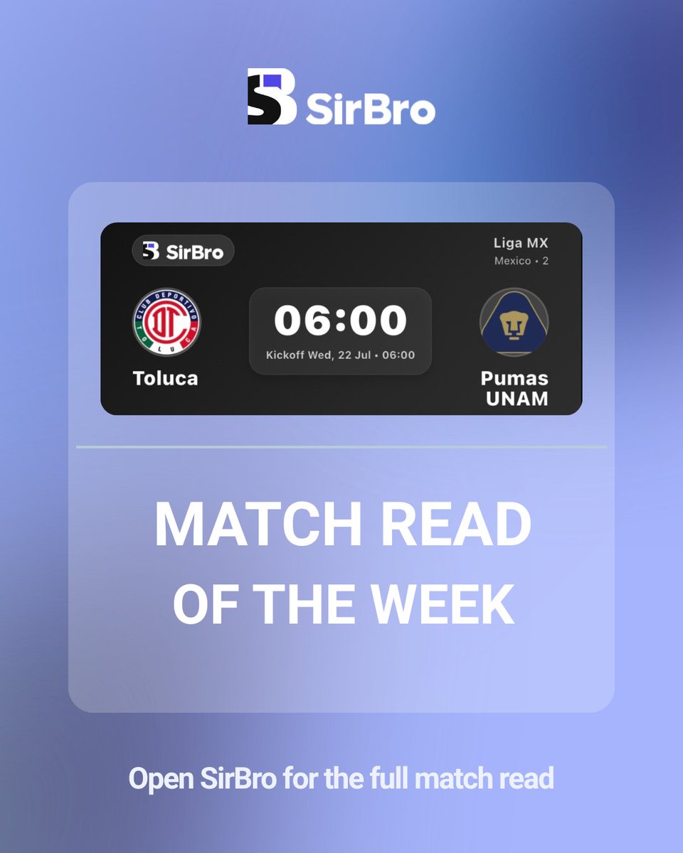 sirbroapp's tweet photo. One match this week: TOLUCA vs Pumas UNAM.

Open SirBro for the full match read.

#football #soccer #footballanalysis #matchanalysis #sportsanalytics #footballinsights #footballcommunity #soccercommunity #worldcup2026 #FIFA https://t.co/TTlKwkUA4B