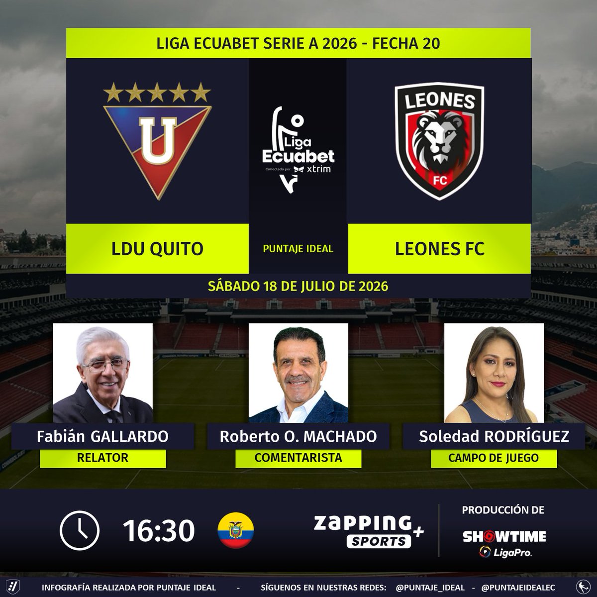 PuntajeIdealEC's tweet photo. ⚽ #LigaEcuabet 🇪🇨 | #LDU vs. #LeonesFC
🎙 Relator: @FABIANGALLARDOM 
🎙 Comentarista: @MachadoRobertoO
⛳️ Campo de juego: @sol_deportiva
💻📱 #ZappingSports + 🇪🇨 (Canal 16)
🤳 #ZappingPremium
Dale RT 🔃 https://t.co/XBCWh9fPND