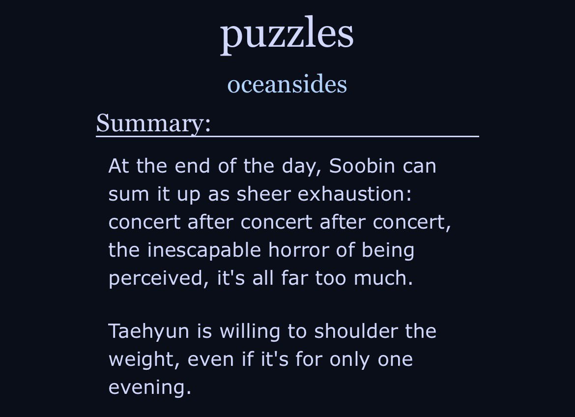 pqperthin's tweet photo. puzzles by oceansides (@soobview) 
🌌 Taebin 
🌌 Canon setting
🌌 Emotional hurt/comfort
🌌 Fluff and angst 

https://t.co/fTmdM5hfMC https://t.co/PdqU7Y0GJn