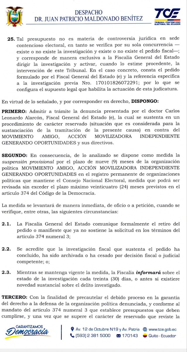 ecuainm_oficial's tweet photo. ‼️#URGENTE
El juez electoral, Juan Patricio Maldonado, admitió a trámite la denuncia presentada por el fiscal general encargado, Leonardo Alarcón, y dispuso la suspensión provisional, por nueve meses, del Movimiento AMIGO. La Revolución Ciudadana era auspiciada por esta organización política para las elecciones seccionales de 2026.