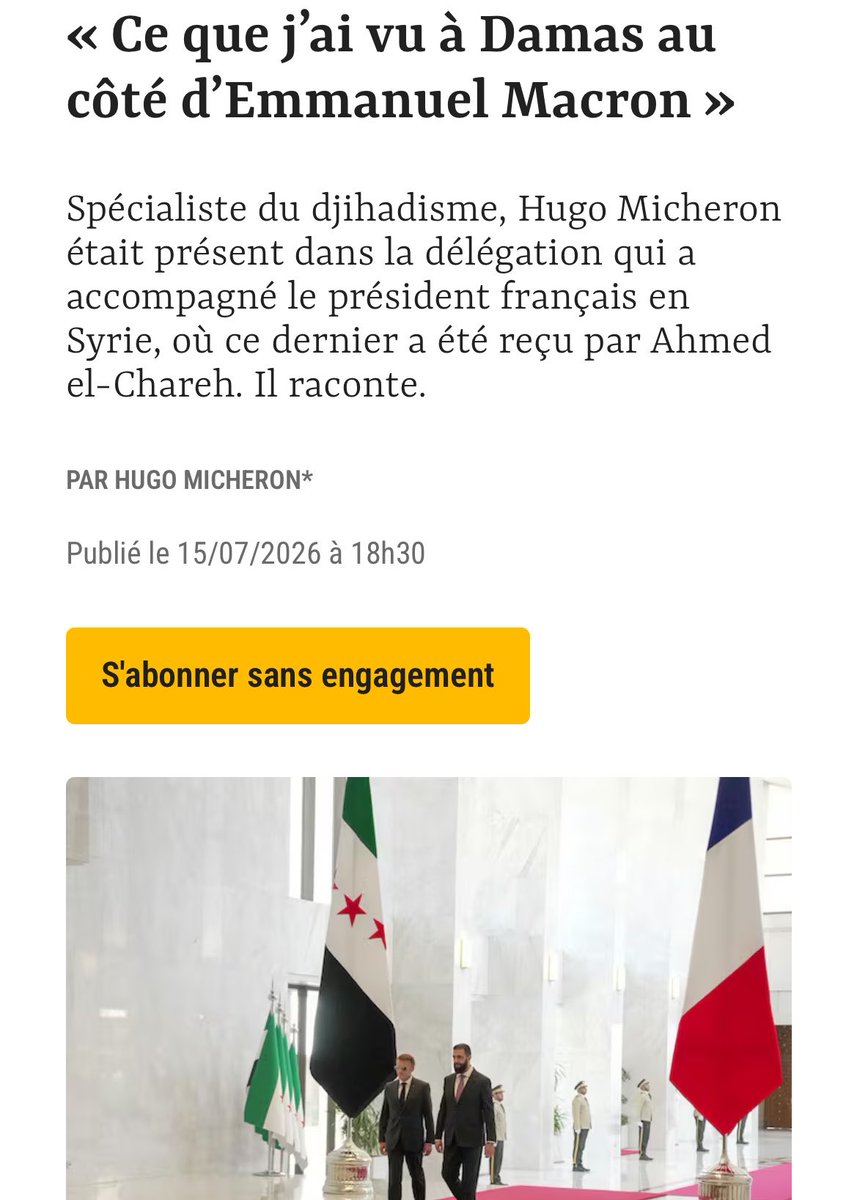 SallyObeid's tweet photo. الخبير الفرنسي في الجماعات الجهادية هوغو ميشيرون، الذي رافق الرئيس إيمانويل ماكرون إلى دمشق ضمن الوفد الرسمي، نشر شهادته عن الزيارة في مجلة Le Pointe وطرح فيها جملة من الملاحظات التي تعكس تشكيكًا واضحًا في طبيعة سلطة الأمر الواقع ..

1. الماضي الجهادي لم يختفِ
* يذكّر بأن أحمد الشرع هو نفسه أبو محمد الجولاني، القائد السابق لهيئة تحرير الشام، ذات الجذور المرتبطة بتنظيم القاعدة.
* ويرى أن حل الهيئة لم يؤدِّ إلى اختفاء كوادرها، بل إلى انتقالهم إلى مؤسسات الدولة.

2. الدائرة المحيطة بالشرع ما تزال هي نفسها
* يلاحظ أن عدداً من المسؤولين الذين يشغلون مواقع حساسة كانوا سابقًا مقاتلين في هيئة تحرير الشام.
* ويشير إلى أن بعضهم ما يزال يخاطب الشرع بلقب “الشيخ”، بما يعكس استمرار مرجعيته الدينية داخل دائرته الضيقة.

3. “إدلَبة” مؤسسات الدولة
* يستخدم مصطلح Idlibisation لوصف انتقال نموذج الحكم الذي كان قائمًا في إدلب إلى مؤسسات الدولة السورية.
* ويعتبر أن النخبة الحاكمة الجديدة ليست نخبًا مدنية مستقلة، بل امتدادًا للنواة التي أدارت إدلب خلال سنوات الحرب.

4. مؤشرات على “سلفنة” اجتماعية
* يلفت إلى انتشار النقاب في أحياء لم يكن مألوفًا فيها سابقًا، وإلى تراجع الحضور العلني للكحول في بعض المطاعم.
* ويعتبرها مؤشرات تستحق المتابعة، دون أن يجزم بأنها نتيجة سياسات حكومية مباشرة.

5. سلطة قائمة على دائرة ضيقة من المقرّبين
* يرى أن الشرع يعتمد بشكل كبير على رفاقه القدامى من إدلب.
* ويطرح مثالًا بطاقم القصر الرئاسي، مرجحًا أن معيار الثقة يتقدم على معيار الكفاءة.

6. قاعدة حاضنة ذات خلفية سلفية جهادية
* يحذر من أن القاعدة التي يستند إليها الشرع تشكلت ضمن بيئة سلفية جهادية، وأن احتمال عودة التشدد يبقى قائمًا إذا تغيرت الظروف.

7. الاعتدال قد يكون تكتيكًا لا تحولًا فكريًا
* يصف الشرع بأنه سياسي بارع وقادر على المناورة.
* لكنه يشدد على أن الاعتدال الذي يقدمه اليوم لا يعني بالضرورة تخليه عن إرثه الأيديولوجي، وقد يكون خيارًا براغماتيًا مؤقتًا يخدم أهدافًا بعيدة المدى.