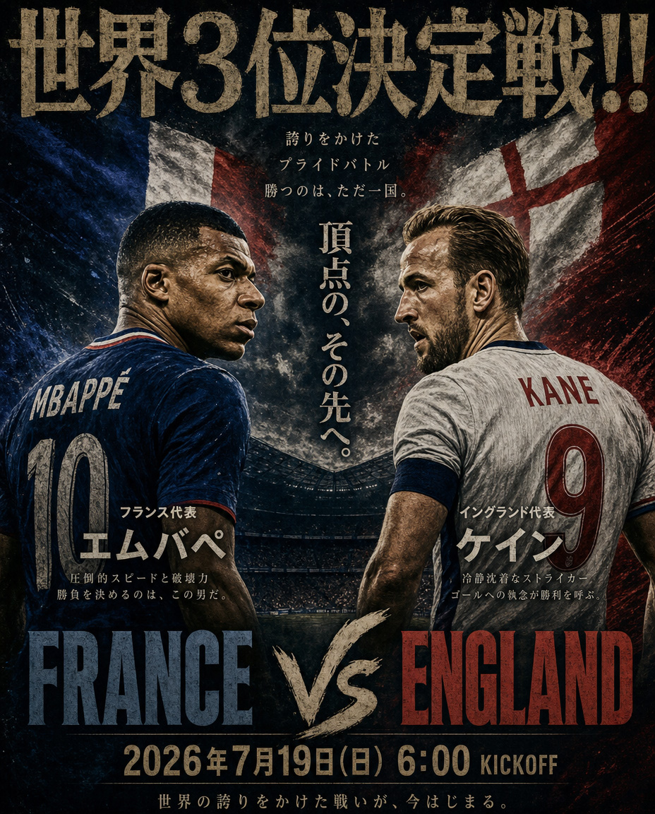 kruger0811's tweet photo. 【 W杯 2026　-　3位決定戦！！！！ 】
～ 下にスクロールしたら各国の紹介ページあります～

エムバペ、ケインの得点王争いも絡む決勝戦でもおかしくない屈指の好カード！！！　3位決定戦だからって見逃し厳禁！！！！！

7/19(日) 6時 ［NHK / DAZN］
🇫🇷フランス　𝕏　🏴󠁧󠁢󠁥󠁮󠁧󠁿イングランド
※日本時間となります