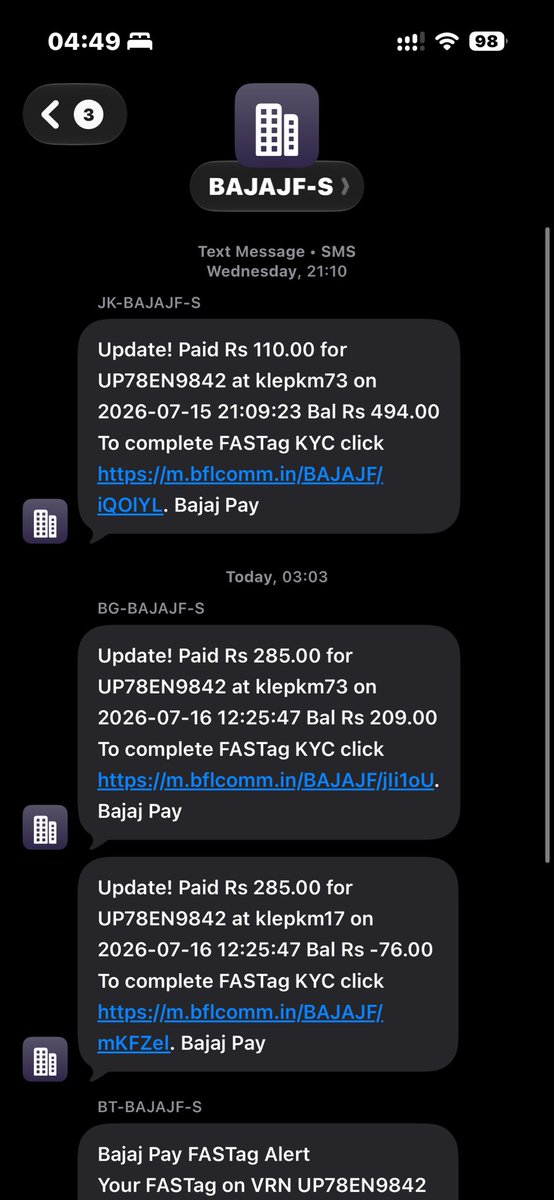 buffandpuff's tweet photo. @Bajaj_Finserv @Bajaj_Finance I travelled on the Lucknow–Kanpur Expressway on 15 July. My FASTag was first charged 110, but later I received 3 more deductions of 285, 285 and ₹265 for the same jrny total of 945. Pls investigate these multiple deductions &amp; resolve the issue. https://t.co/MdBC0hyyKR