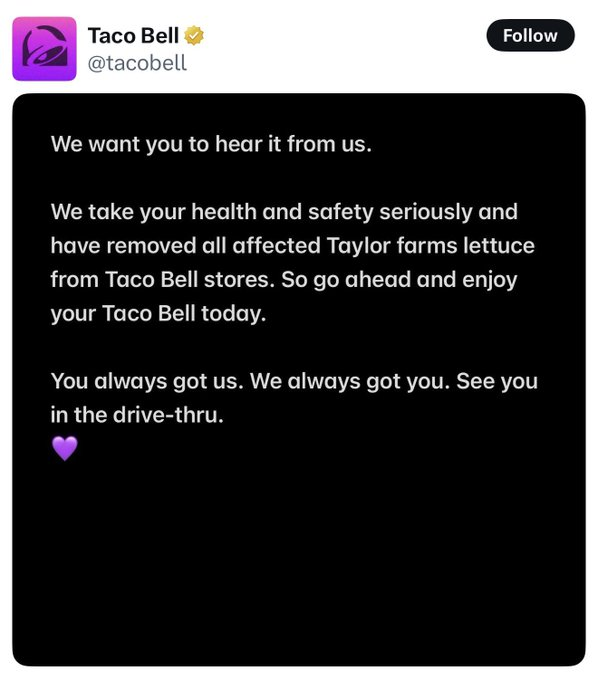 WorldAlertsWire's tweet photo. Taco Bell addresses concerns after its shredded lettuce was linked to a parasite outbreak that has sickened thousands nationwide. https://t.co/Lp6DmQxRro
