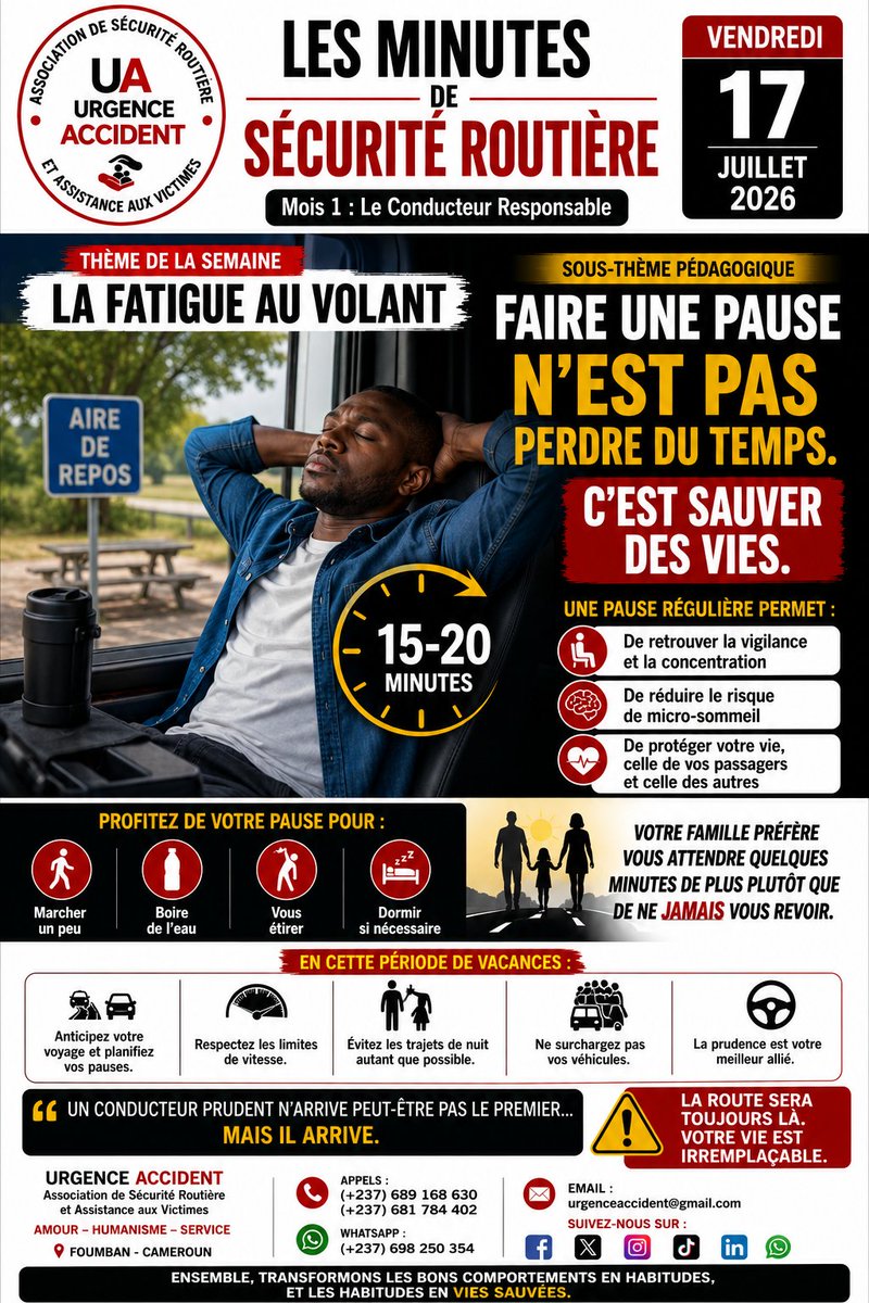benrodriguendm's tweet photo. 🚦 LES MINUTES DE SÉCURITÉ ROUTIÈRE

Thème : LA FATIGUE AU VOLANT

Sous-thème : FAIRE UNE PAUSE N'EST PAS PERDRE DU TEMPS. C'EST SAUVER DES VIES.

☕ 15 minutes de pause peuvent éviter un accident.
Votre destination peut attendre.
Votre vie, non.

#UrgenceAccident https://t.co/3Xbt1VAxrs