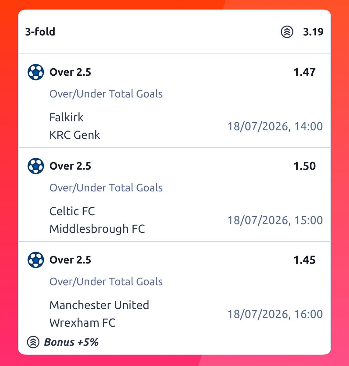 _Bookmaker0's tweet photo. ⚽️Football Accumulator Predictions 🔥
📅 Saturday, 18th July 2026
🏟️ Evening Games Edition
⚡️ Powered by Bookmaker https://t.co/5MyLWPFX7A