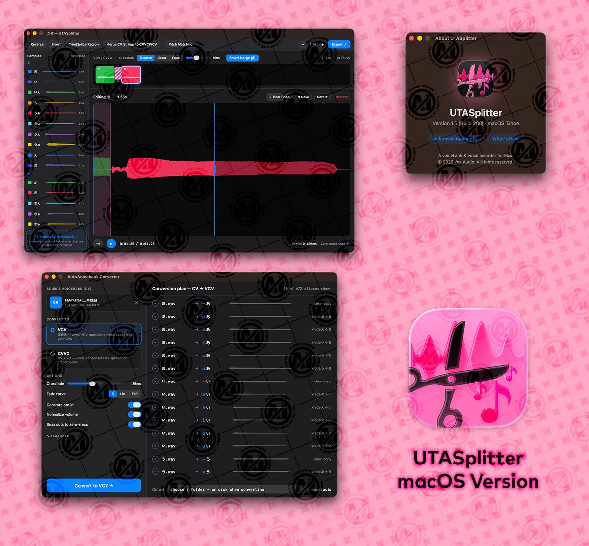InochiPM's tweet photo. Hey guys! Im releasing a really cool piece of software for making VCV/CVVC UTAU from CV vbs. As of right now its macOS Only. It currently only works on macOS 15.6 or newer. Some things cant be on older versions but I will try to make them work! 
https://t.co/aqnErX9f3D https://t.co/M3ehOYRUBX