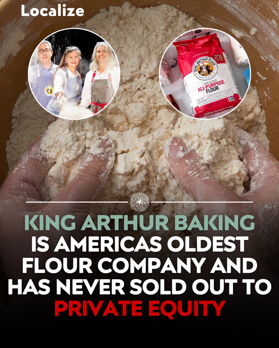 Localizefoodapp's tweet photo. King Arthur Baking is America’s oldest flour company and has never sold to private equity.

Founded in 1790 in Boston, the family sold it to workers in 1996, and by 2004 the company was fully employee owned.

King Arthur became a founding B Corp in 2007 and later a Vermont Benefit Corporation, locking employee ownership into its legal charter.

Compare that to Ardent Mills, the Cargill, ConAgra, and CHS venture that mills roughly a third of all US flour.

Shop and support employee owned.