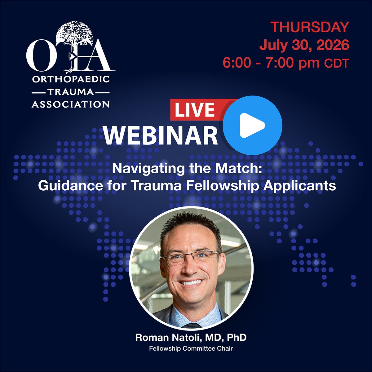 otatrauma's tweet photo. This webinar is designed for those registered for the 2027 Match, as well as residents considering applying in future cycles.
Learning Objectives/Goals: 
1. Provide framework for how things play out over the cycle and year.
2. Provide the timeline and structure of what the match will look like.
3. What fellowship programs look like and what is the spectrum out there.
4. How to hone applications and interview successfully.
Register today at https://t.co/G6pWMo1xao