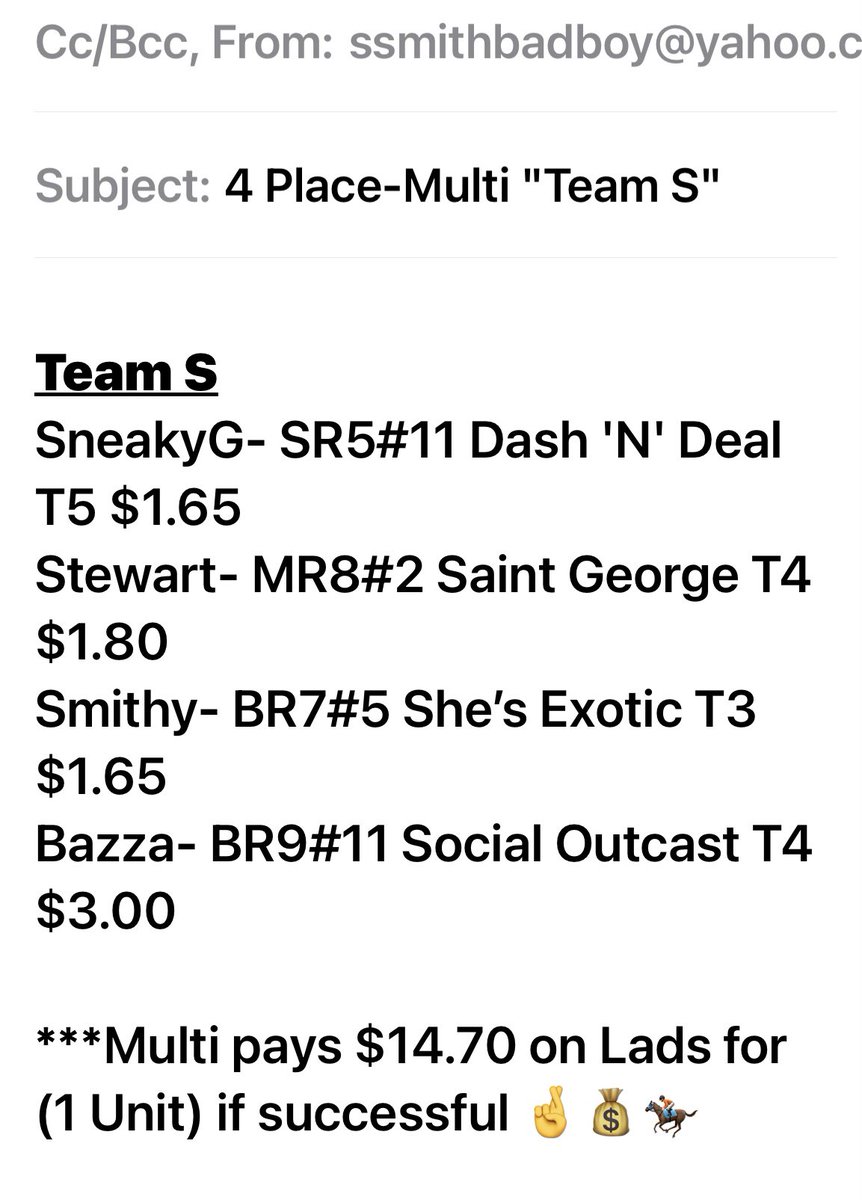 RothwellSmithy's tweet photo. Team "S" #4PlaceMulti 
4 Saturday is 🆙 &amp; paying a nice $14.70 =💰😜or 🫣 #GoWellAllGeeGees 🤞🏇🏻 https://t.co/cKhqBXX0Tf