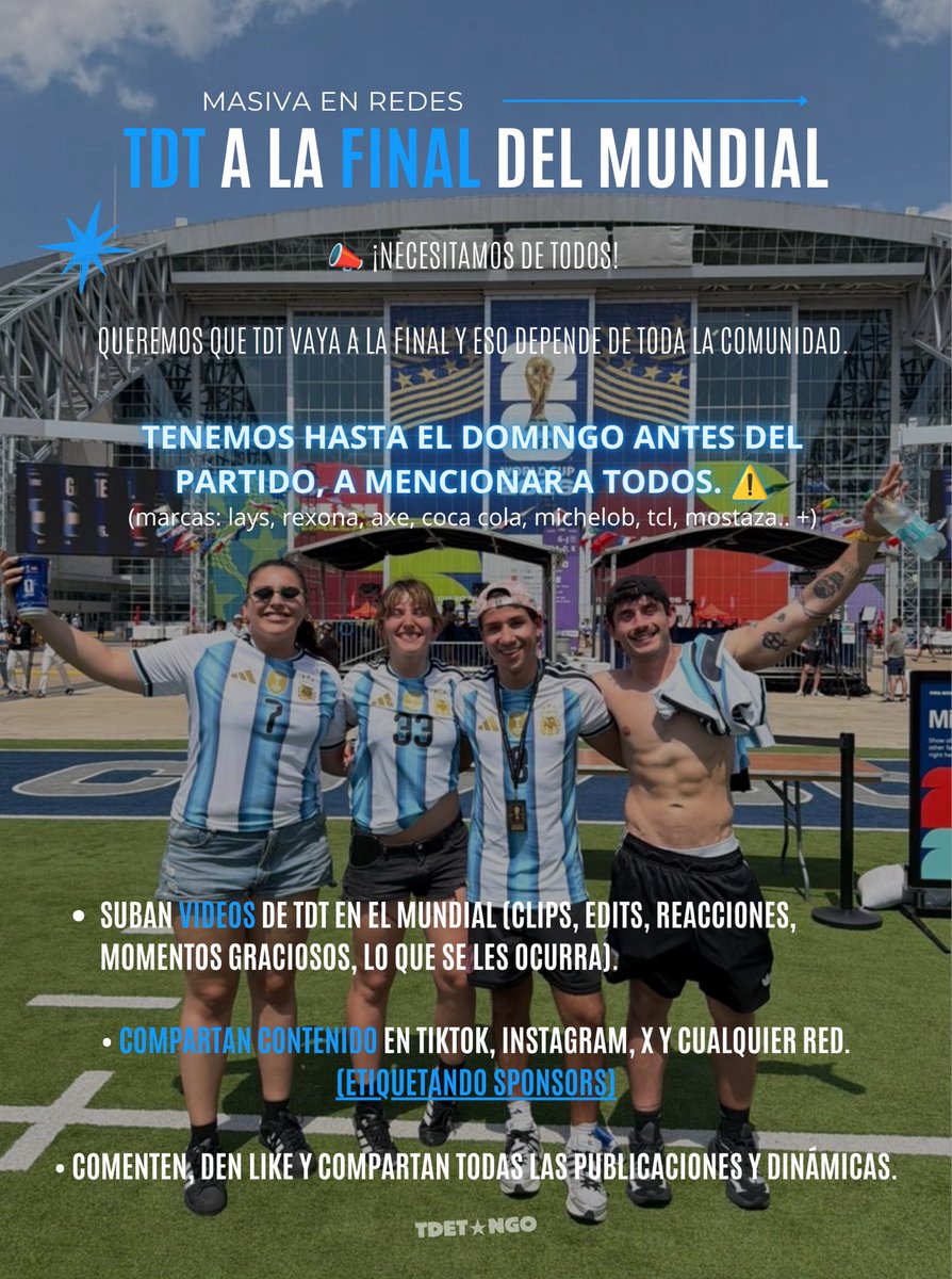 tdtongo's tweet photo. abajo les dejamos si quieren usar un msj predeterminado para mandar por md a las marcas.. ‼️ si suben fotos/ videos a sus cuentas de ig avisen así les vamos a mencionar sponsors también! y obvio usemos el ht para subir de todo hasta el domingo 🇦🇷  #tdtalafinaldelmundial https://t.co/3uNhRwbzQH