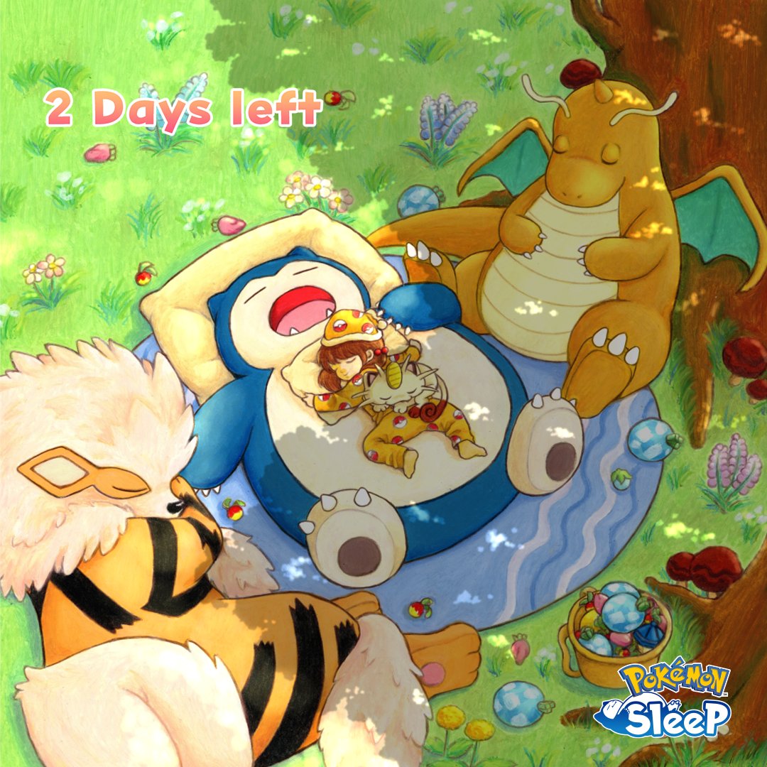 PokemonSleep's tweet photo. 🎈 Only 2 days left until #PokemonSleep3rd Anniversary 🎈

Today's countdown illustration is by Mamekichi Mameko (@mamekichirou) ✨

Let's gather berries together, then take a nap on top of Snorlax ☀️

#PokemonSleep https://t.co/E5zMqaFTVO