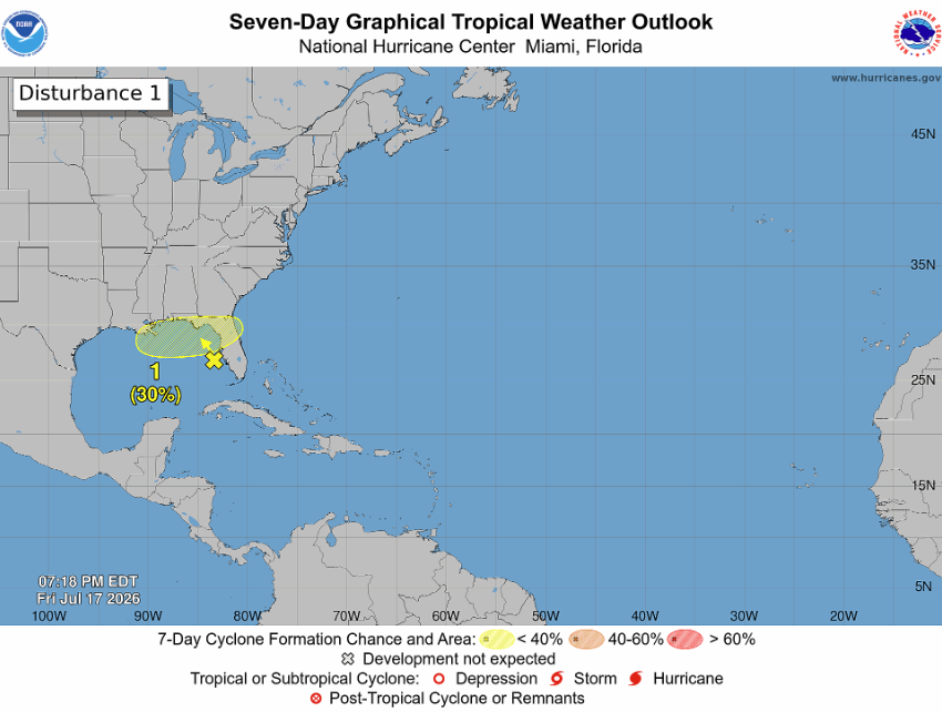NWSCharlestonSC's tweet photo. NHC: The disturbance over the Gulf &amp; portions of the N. FL could see some gradual development while it meanders northward during the next several days. Details:  https://t.co/d5SJQawTW0
-Formation chance through 48 hrs: 10%
-Formation chance through 7 days: 30% https://t.co/BmZIAmAiqI