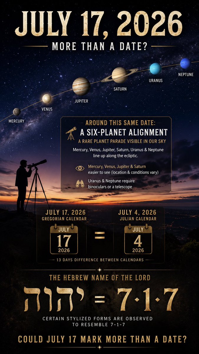 BoPolny's tweet photo. GO TIME…

July 17, 2026… Three (3) remarkable observations converge TODAY:

• July 17 (Gregorian) = July 4 (Julian Calendar) — the same calendar date associated with America’s Independence Day.

• A rare six-planet parade occurs around this period, with Mercury, Venus, Jupiter, Saturn, Uranus, and Neptune appearing together along the ecliptic as viewed from Earth.

• Some have observed that certain stylized forms of the Hebrew name of the LORD (יהוה) visually resemble the pattern 7-1-7. This is a symbolic observation rather than an established linguistic fact.

No single observation proves anything on its own. Yet together, they have prompted many to ask whether July 17 marks a significant turning point.

The world appears to be approaching a period of rapid change. Economic uncertainty, geopolitical tensions, technological acceleration, and spiritual questions are converging like never before.

GO TIME… Stay alert.