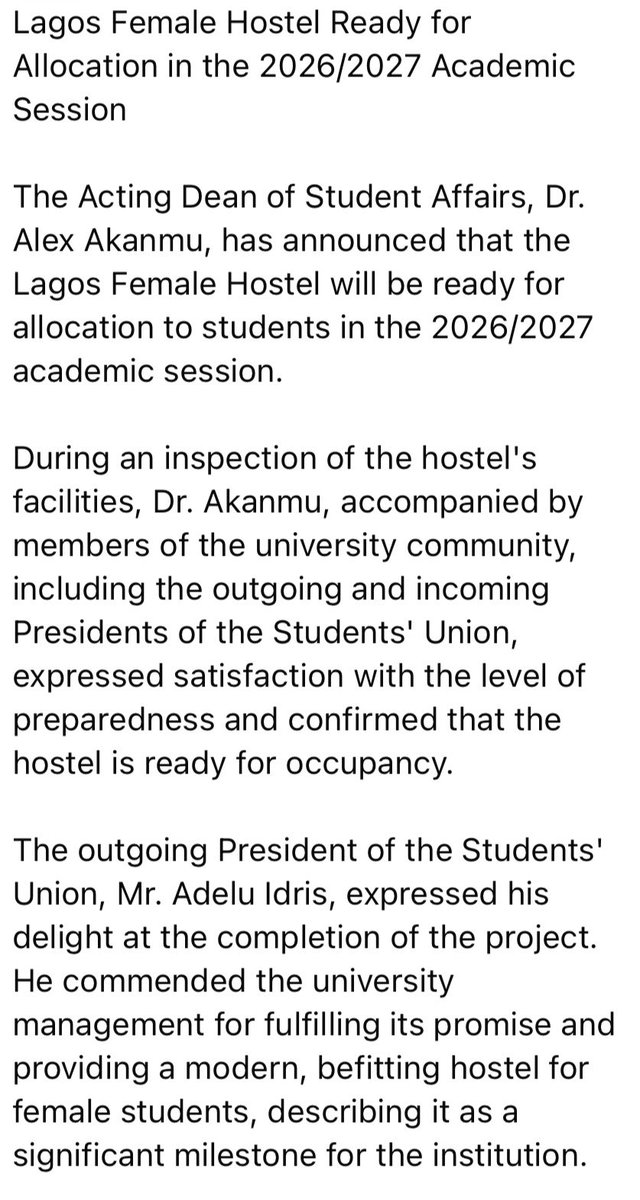 CampusEagle01's tweet photo. 🏠 BIG WIN FOR FEMALE STUDENTS!
The Lagos Female Hostel is ready for allocation in the 2026/2027 session.
Capacity: 1,000+ students.
A major step toward better on-campus housing and student welfare.
#Unilorin #StudentUnion #Unilorite #CampusEagle https://t.co/TKJ1SaqZ2w