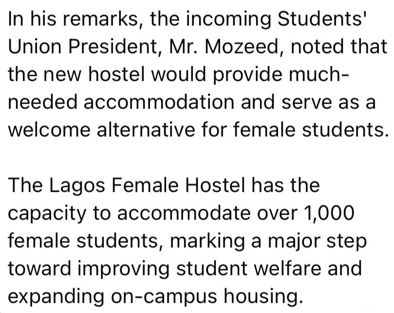 CampusEagle01's tweet photo. 🏠 BIG WIN FOR FEMALE STUDENTS!
The Lagos Female Hostel is ready for allocation in the 2026/2027 session.
Capacity: 1,000+ students.
A major step toward better on-campus housing and student welfare.
#Unilorin #StudentUnion #Unilorite #CampusEagle https://t.co/TKJ1SaqZ2w