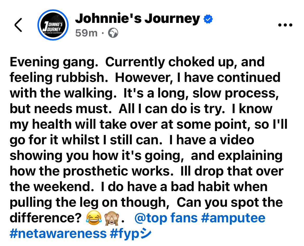JMeeksJourney's tweet photo. Good evening folks!! Here’s tonight’s update from Johnnie! He’s doing so well at training with the new leg! #NETawareness #Amputee 🦓🤍🖤 https://t.co/WV6RUv2LQk