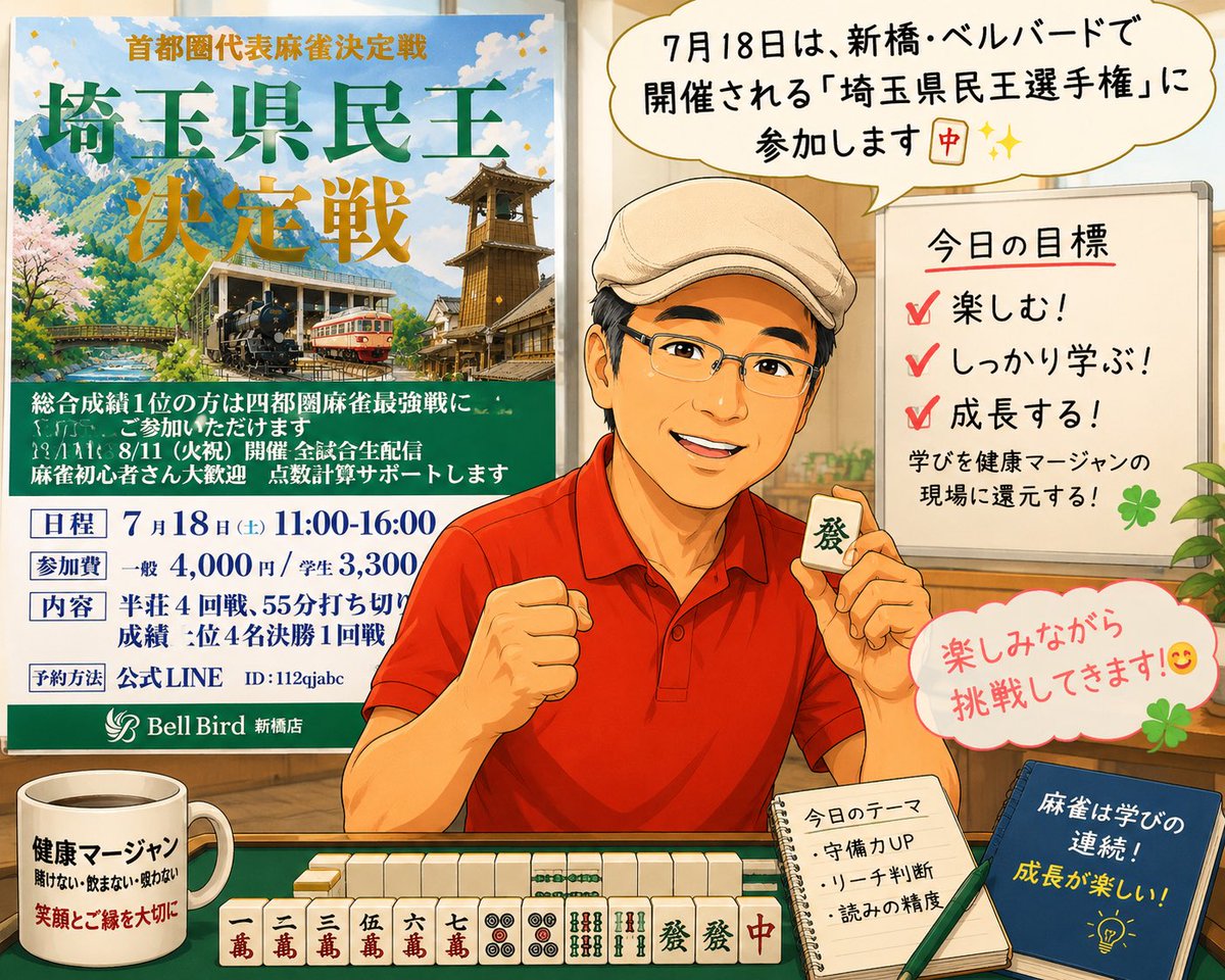 tomotaka_T's tweet photo. おは雀ございます🀄️😃

本日は、ベルバード新橋店で開催される「埼玉県民王選手権」に参加します！

ボランティア雀士として、もっと麻雀を学び、健康マージャンの現場に活かすための一歩です😊

楽しみながら全力で学んできます🍀 https://t.co/gccp7Mjpx9