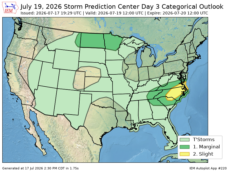 onlyiemwarnings's tweet photo. The Storm Prediction Center issues Day 3 Convective Outlook (Max Risk: Slight) at Jul 17, 19:29z https://t.co/8EuOEh3lrm https://t.co/wbASBZGZLY