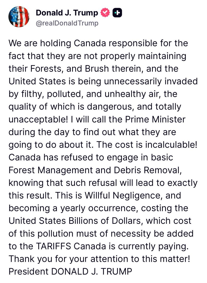 JMRaasch's tweet photo. Trump is tariffing Canada because of their wildfires causing smoke across the US https://t.co/qgUZaUTep8