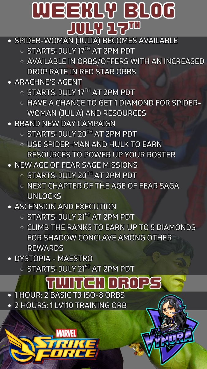 vynora897's tweet photo. Here are the events coming out next week in #MarvelStrikeForce #MSFEnvoyMember #ScopelyInfluencerSquad https://t.co/zrIaFxpyuR