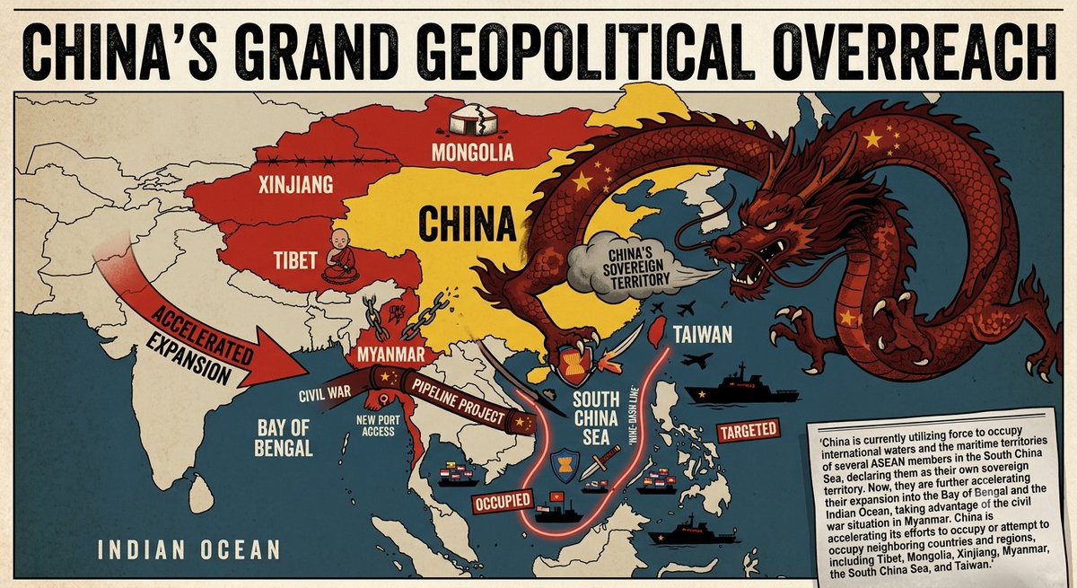 agga7's tweet photo. "China is using force to seize waters in the South China Sea. Leveraging Myanmar’s civil war, Beijing is expanding into the Bay of Bengal &amp; Indian Ocean. China’s aggressive encroachment now threatens Tibet, Mongolia, Xinjiang, Myanmar, &amp; Taiwan. #Geopolitics #China https://t.co/yM3lO1Wpgu