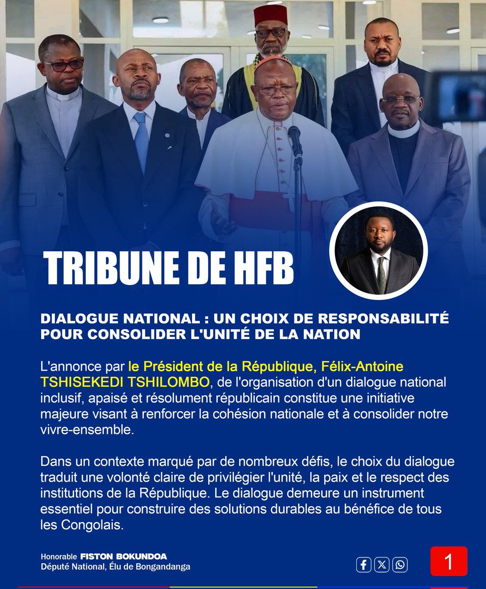 FistonBOKU's tweet photo. Dialogue national : Un choix responsable pour renforcer l’unité nationale.

Le Président Félix-Antoine Tshisekedi Tshilombo place le dialogue, la paix et la cohésion nationale au cœur de sa démarche pour construire une RDC plus unie et tournée vers l’avenir.

@Presidence_RDC
#DialogueNational
#UnitéNationale
#PaixEnRDC
#CohésionNationale
#RDCUnie