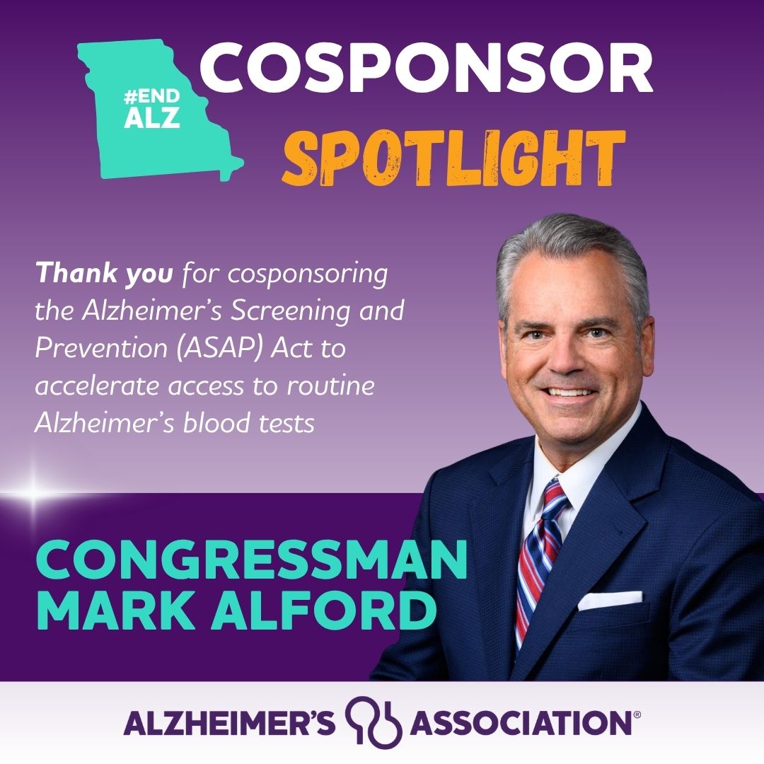 ALZMissouri's tweet photo. #CosponsorSpotlight: Join us in thanking @RepMarkAlford for signing on to support the ASAP Act, which will make groundbreaking Alzheimer's diagnostics more widely available for all Americans. With his support, earlier detection and improved care are possible. #ENDALZ https://t.co/IJUoiLie0s