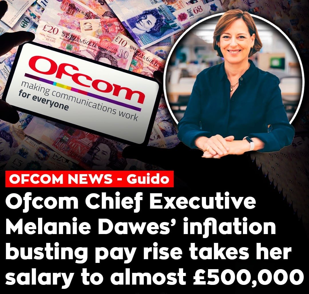 ABridgen's tweet photo. Ofcom head gets a pay rise to almost £500k per annum. 
Paid to censor the media in the Uk ? https://t.co/642zf7aKOA