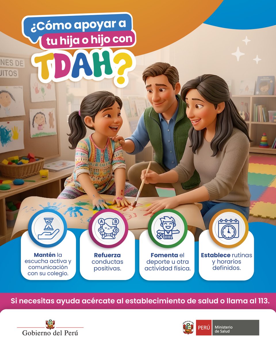 Minsa_Peru's tweet photo. Toma en cuenta nuestras recomendaciones para acompañar a una niña, niño o adolescente con TDAH y fortalecer sus capacidades. 🧡 #ComprenderParaAyudar https://t.co/MgySP30kAp