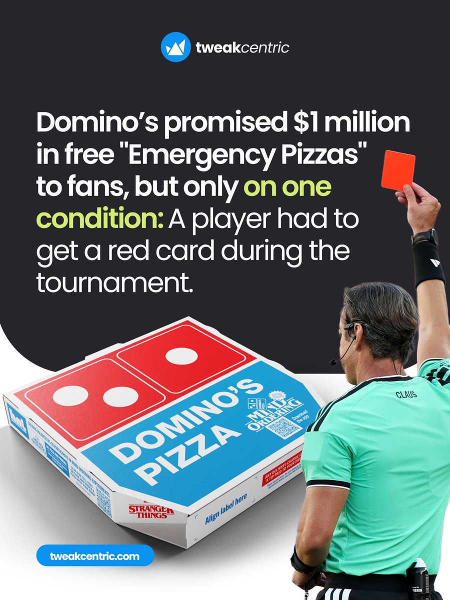 TweakCentric's tweet photo. Domino’s just showed everyone how to do ""moment marketing"" right.

They promised $1 million in free pizza if a US player got kicked out of a game.

It actually happened. The internet exploded.

Drop your comment below.👇

#TweakCentric #FIFA2026 #MarketingRisks https://t.co/XLY6CUUe32