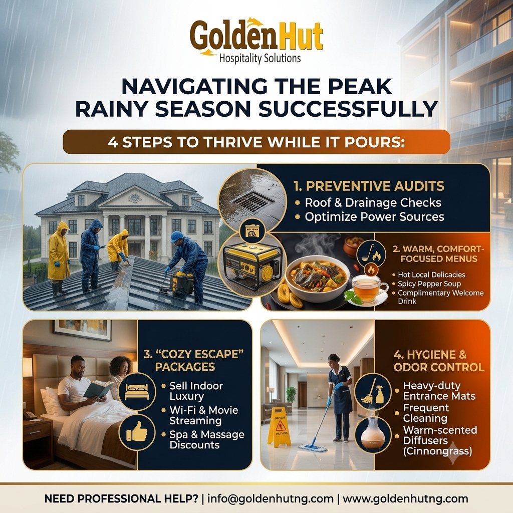 GoldenhutHS's tweet photo. Heavy rain doesn't mean a drop in hotel occupancy! 
4 ways to thrive this rainy season:  Audit Facilities: Check roofs, drains &amp; backup power.  Warm Your Menu: Serve hot local favorites (like pepper soup). 
 info@goldenhutng.com | https://t.co/8taXjo4mnK
#hotels  #restaurant https://t.co/kY4YT55vZS