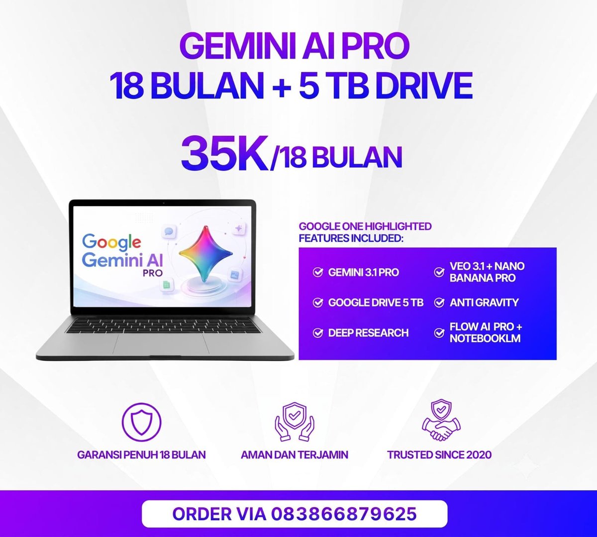 __btech's tweet photo. Gemini PRO 18 bulan HEAD FAMILY
Redeem sendiri via link, instant 

Price 35k

Keuntungan:
- Antigravity
- Gemini 3.1 Pro & Deep Research
- Gemini Omni (Video/Image/Music Gen) and Gemini Spark — Personal AI Agent
- 5TB Google Drive Cloud Storage

via invite 15k

Order 083866879625 https://t.co/3swJgP22OF

#update #gemini