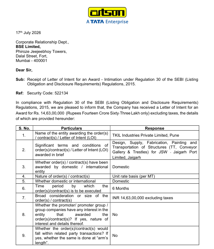 vluxeinvests's tweet photo. 🏗️ Artson bags ₹14.63 Cr JSW Jaigarh Port structural works order
👉🏻 Order Value: ₹14.63 Cr
👉🏻 Client: TKIL Industries Pvt Ltd
👉🏻 Scope: Design, fabrication, painting & transportation of structures for JSW Jaigarh Port
👉🏻 Execution: 6 months
#ARTSON #OrderWin #JSW #Infra #Engineering