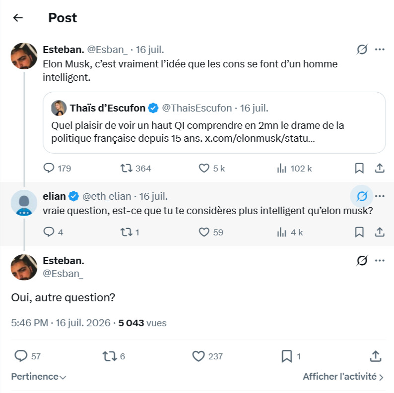 Esban_'s tweet photo. Je me tape tous les abrutis fan de Musk depuis que j'ai répondu ça mdr.

Il en faut peu pour les trigger.

Pas ma faute si votre idole est un abruti.

Tout le monde est largement supérieur à Elon Musk intellectuellement, et si votre baromètre, c'est l'argent, c'est que vous ne valez pas beaucoup mieux que lui sur le plan intellectuel.

On achète beaucoup de choses avec l'argent, mais pas encore des neurones.