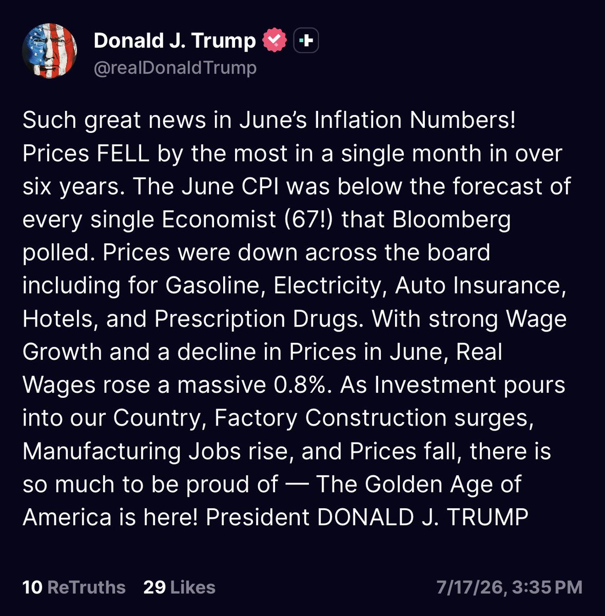 TrendSpider's tweet photo. President Trump praises the recent economic report:

“Prices were down across the board including for Gasoline, Electricity, Auto Insurance, Hotels, and Prescription Drugs.”

“The Golden Age of America is here!” https://t.co/2MHCDWmQdV