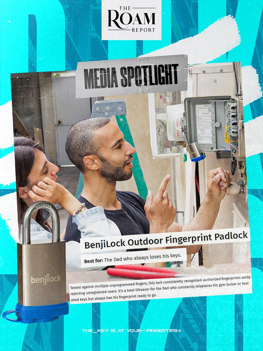 BenjiLock Outdoor Fingerprint Padlock featured by The Roam Report media outlet. The review highlights reliable fingerprint recognition, rejecting unregistered users while providing quick keyless access. Its heavy-duty, weather-resistant design secures outdoor sheds, gates, lockers, and toolboxes, with multiple fingerprint storage for shared access. Available in Canada and the US through Wayfair.