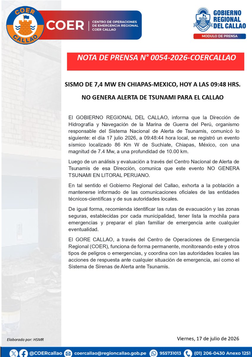 COERCallao's tweet photo. NOTA DE PRENSA N° 0054- 2026- SISMO DE 86 KM W DE SUCHIATE, CHIAPAS, MEXICO, HOY A LAS 09:48 HR. NO GENERA ALERTA DE TSUNAMI PARA EL CALLAO. . #Callao #Bellavista #CarmenDelaLeguaReynoso #laPerla #LaPunta #MiPeru #Ventanilla #GobiernoRegionalDelCallao https://t.co/h4NULmpnK6