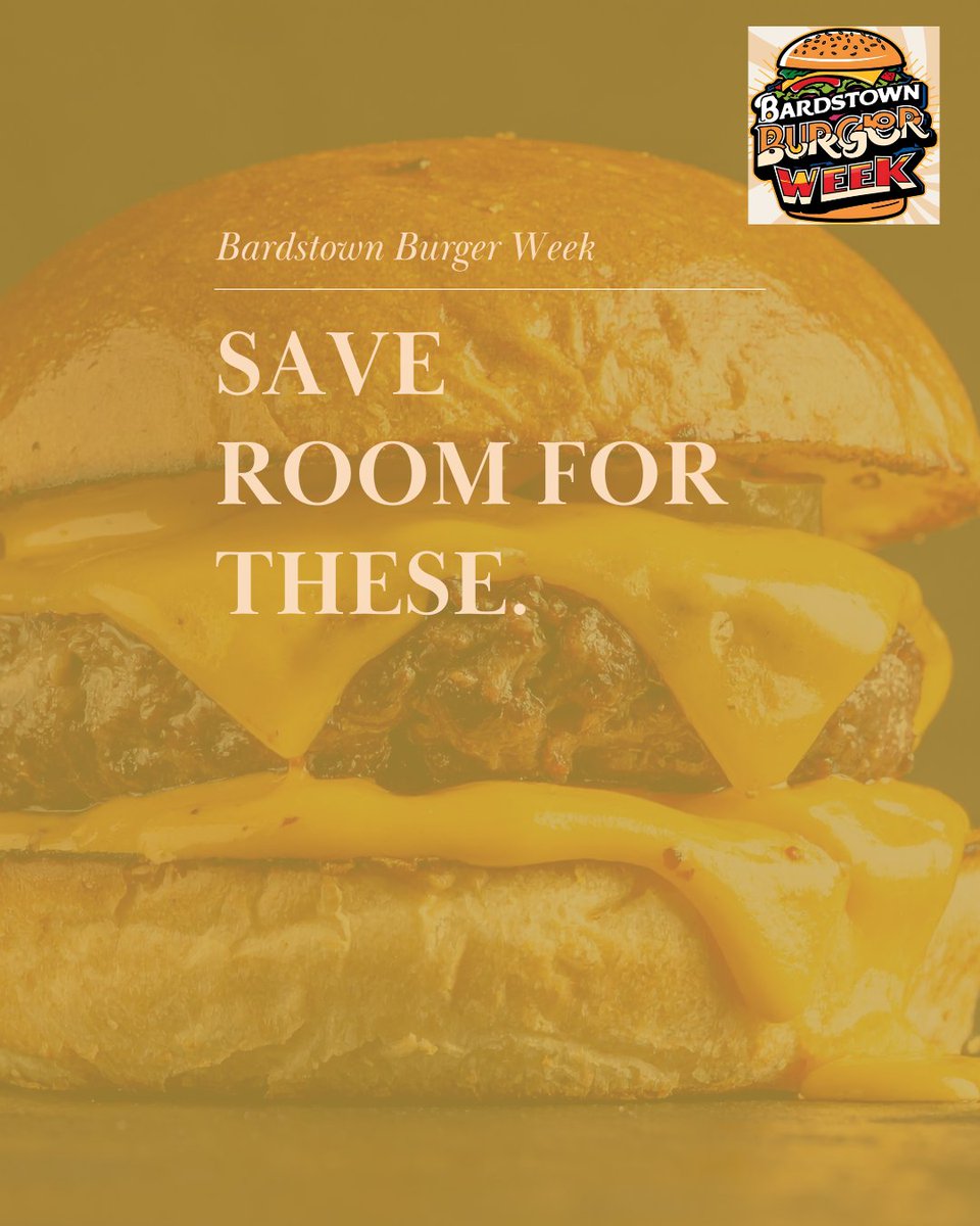 visitbardstown's tweet photo. 🍔 The lineup is complete! All 22 featured burgers have been revealed, and Bardstown Burger Week starts July 20–27.

Plan your burger tour, support local restaurants, and vote for your favorite!

📍https://t.co/aQJFX2Ve7c https://t.co/fojdXlW5M4