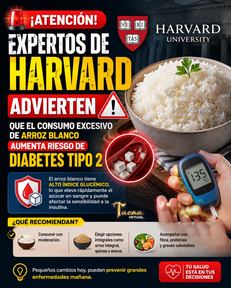 TacnaVirtualPe's tweet photo. 🚨 ¿Comes arroz blanco a diario? Especialistas advierten que el consumo excesivo, dentro de una dieta poco equilibrada, podría aumentar el riesgo de diabetes tipo 2. La clave está en la moderación y en combinarlo con fibra y proteínas. 🍚💙 ¿Qué opinas? #Salud #Diabetes https://t.co/T0zvY0AfID