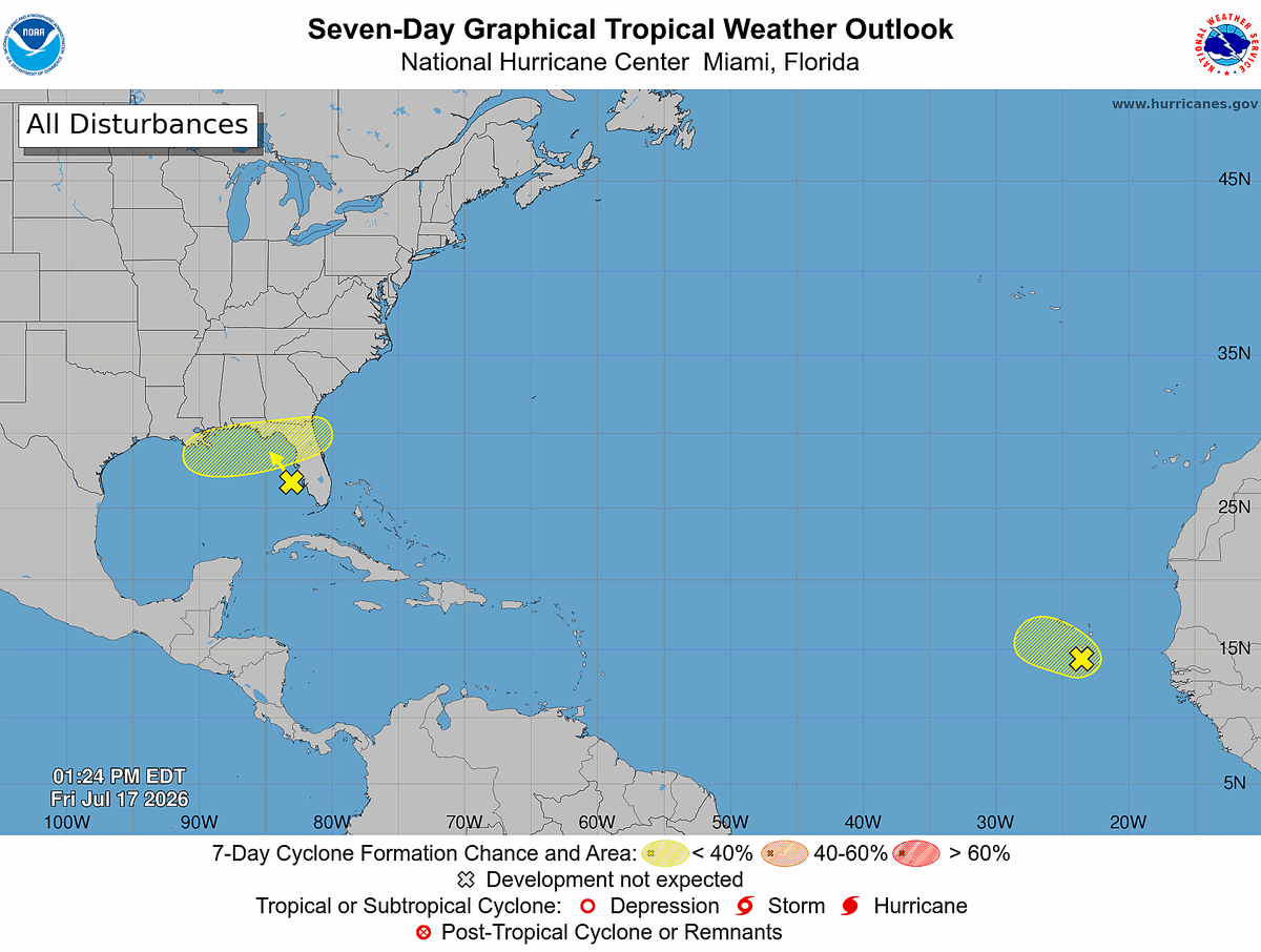 NHC_Atlantic's tweet photo. 2 pm EDT - NHC is monitoring an upper-level low over the eastern Gulf.  This system has a low chance of tropical development as it meanders northward over the next several days.  Visit https://t.co/tW4KeGdBFb for details. https://t.co/beOhqTp6oi