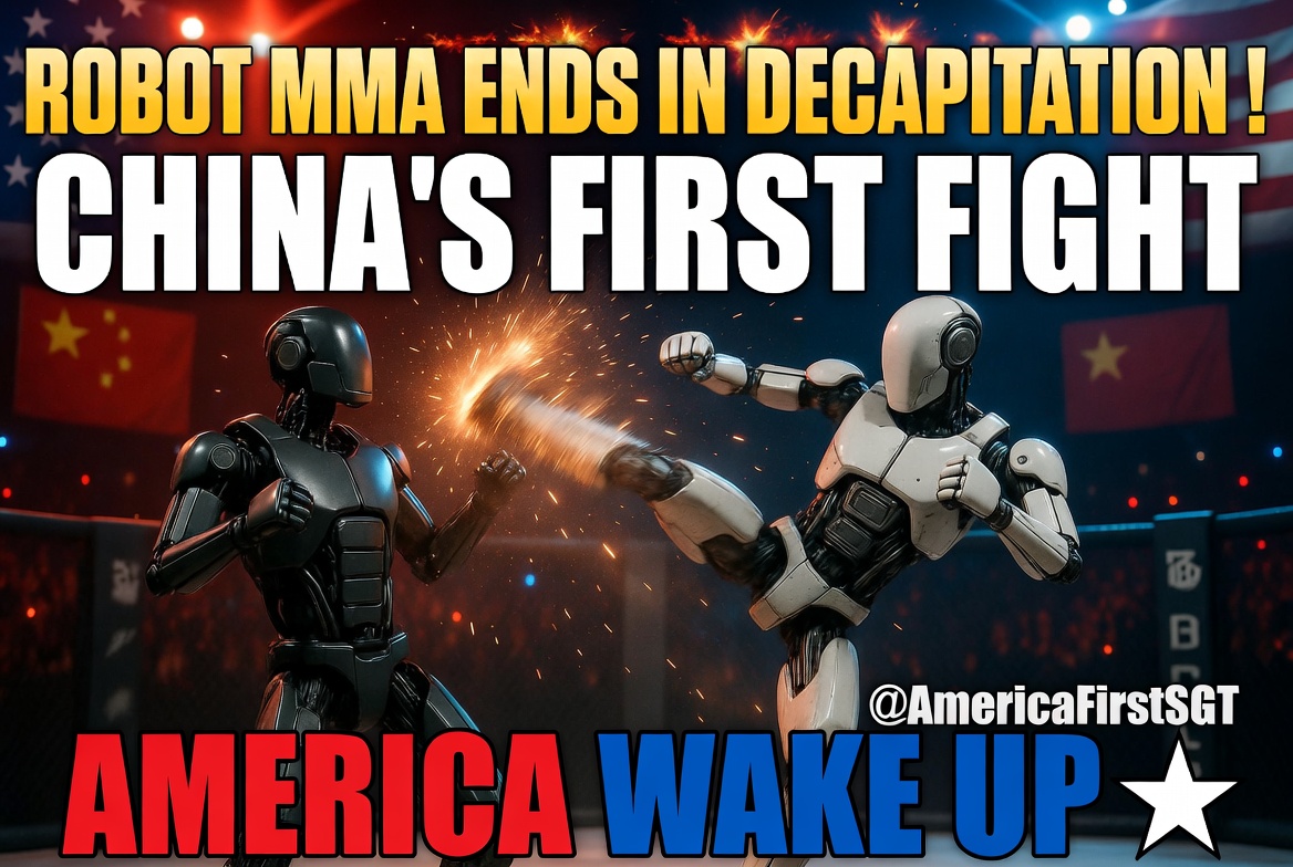 AmericaFirstSGT's tweet photo. 🚨 CHINA JUST DROPPED THE FIRST ROBOT MMA FIGHT... AND IT ENDED IN A STRAIGHT DECAPITATION! 🤖💥

  Video going VIRAL right now: Two massive humanoid robots square up in Shenzhen like something out of a sci-fi nightmare. One lands a BRUTAL tornado kick — HEAD GOES FLYING. But here's the insane part... the headless bot KEPT FIGHTING, swinging punches on pure torso power until it finally ate the mat.

   Donnie Yen was in the building looking SHOOK. This wasn't some toy fight — full-sized combat robots going at it in the Ultimate Robot Knock-out Legend event. China is straight-up building the future of warfare while the rest of the world talks about it.

   America better wake up. While we're debating pronouns and safe spaces, our adversaries are engineering killer machines that don't feel pain, don't tap out, and don't stop even after you take their head off.

Terminator vibes? Skynet loading? Or just the next chapter in human history? Drop your thoughts below is this peak entertainment or the beginning of something we should be VERY concerned about? 🇺🇸
@AmericaFirstSGT — Repost if you're Team Human. Tag a friend who needs to see this madness! 🔥