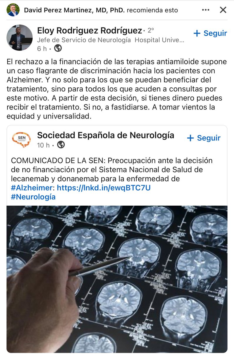 psyacademy_'s tweet photo. “La Sociedad Española de Neurología (SEN) desea expresar su profundo pesar por la decisión adoptada el 15 de julio de 2026 por la Comisión Interministerial de Precios de los Medicamentos de no incluir en la financiación pública los fármacos lecanemab y donanemab para el tratamiento de la enfermedad de Alzheimer inicial, limitando su acceso a la prescripción en el ámbito privado.

Estos fármacos cuentan con la aprobación para su comercialización en la Unión Europea, tras la evaluación experta de su eficacia y seguridad por parte de la Agencia Europea del Medicamento (EMA). Otras múltiples agencias regulatorias avalan este balance positivo, y en este sentido, por ejemplo, en Estados Unidos, estos tratamientos están disponibles desde hace unos 3 años, con datos que avalan la seguridad y satisfacción de su uso en práctica clínica habitual.”

Aquí 👉🏻 https://t.co/ehSe9XpXPj