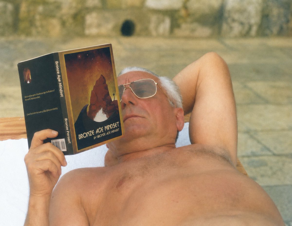 Chazerai's tweet photo. @bronzeagemantis This is my grandfather. He got out and started sunbathing naked after he read about half the book. Twitter makes me crop the photo, sorry. https://t.co/9XgJRiefD7