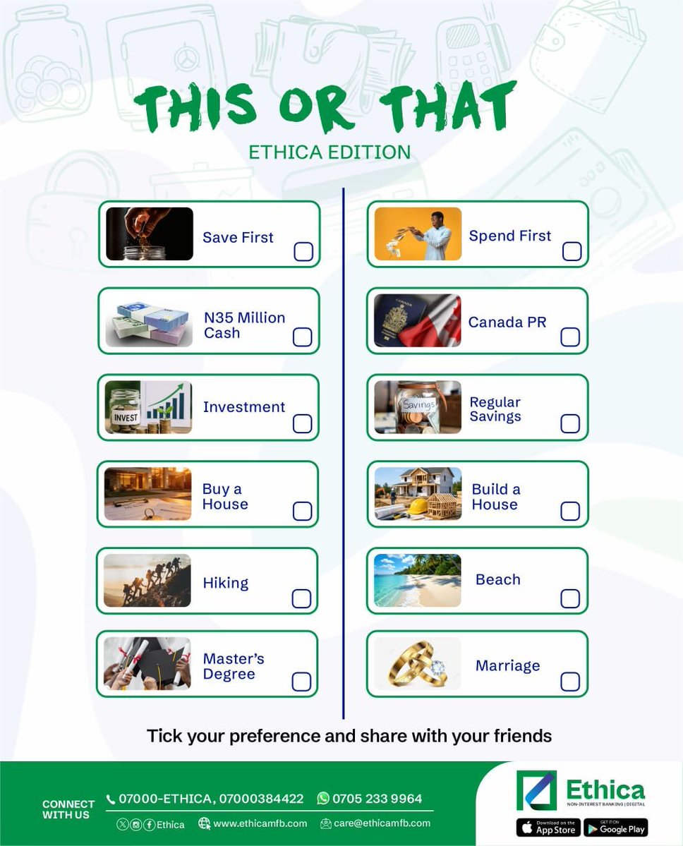 EthicaNG's tweet photo. There are no right or wrong answers. Just your preferences. 😉
Drop your picks in the comments and tag your people to join the fun. 👇
#ethica #thisorthat #moneymindset #fridayfun #ethicamfb #ethicabank https://t.co/PMkNfxdvW0