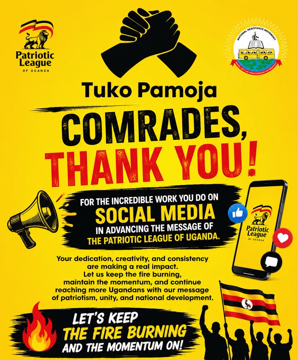 Plumedia1's tweet photo. Comrades, thank you for the incredible work you continue to do on social media in advancing the message of the Patriotic League of Uganda. Your dedication, creativity, and consistency are making a real impact. Let us keep the fire burning, maintain the momentum, and continue reaching more Ugandans with our message of patriotism, unity, and national development. Together, we are stronger.